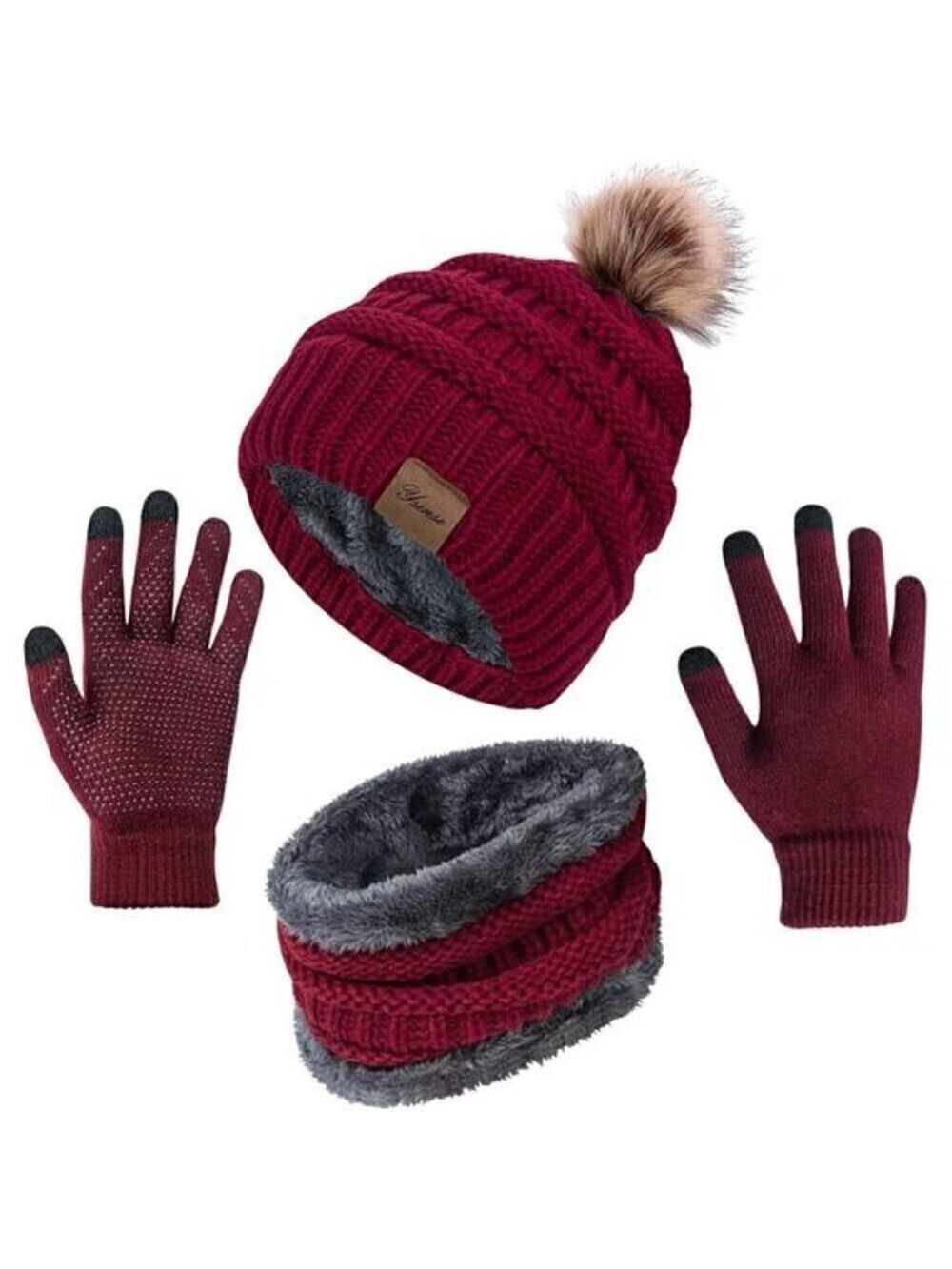 Winter Hat Scarf Touch Screen Gloves Set 3 Pcs Warm Knit Fleece Lined Beanie NEW
